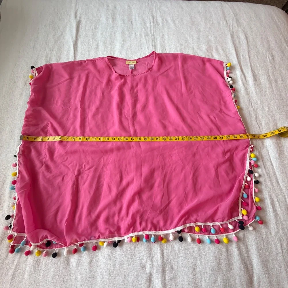 Viv & Lou Pink Chiffon Pom Pom‎ Trim Swim Cover Up Poncho One Size